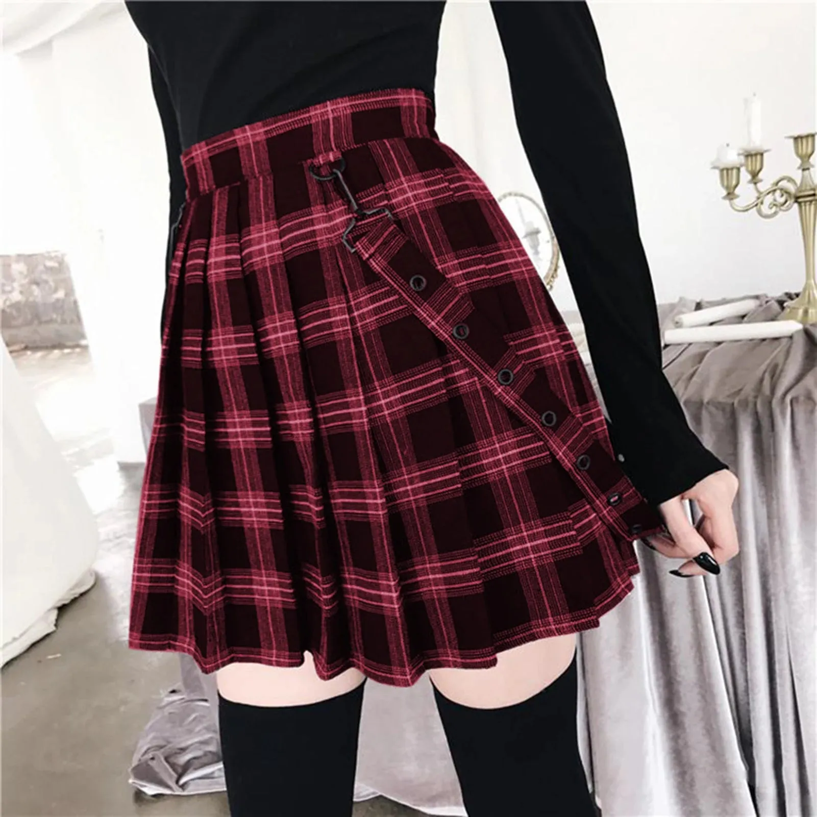 2020 Hot Sale Gothic Vintage Plaid Mini Skirt Women Suspender Strap Pleated A-line Skirts High Waist Casual Plus Size Faldas