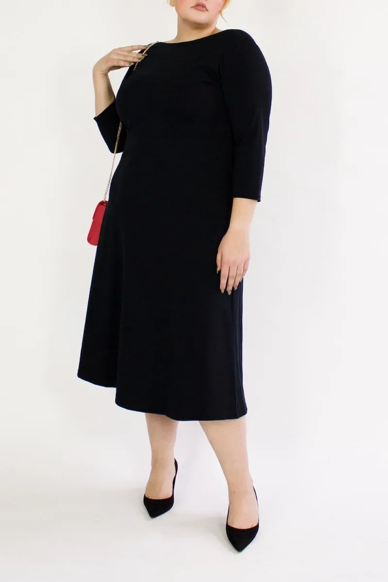 3/4 Sleeve BCI Cotton Boatneck Mid-calf Flared Dress -- Black