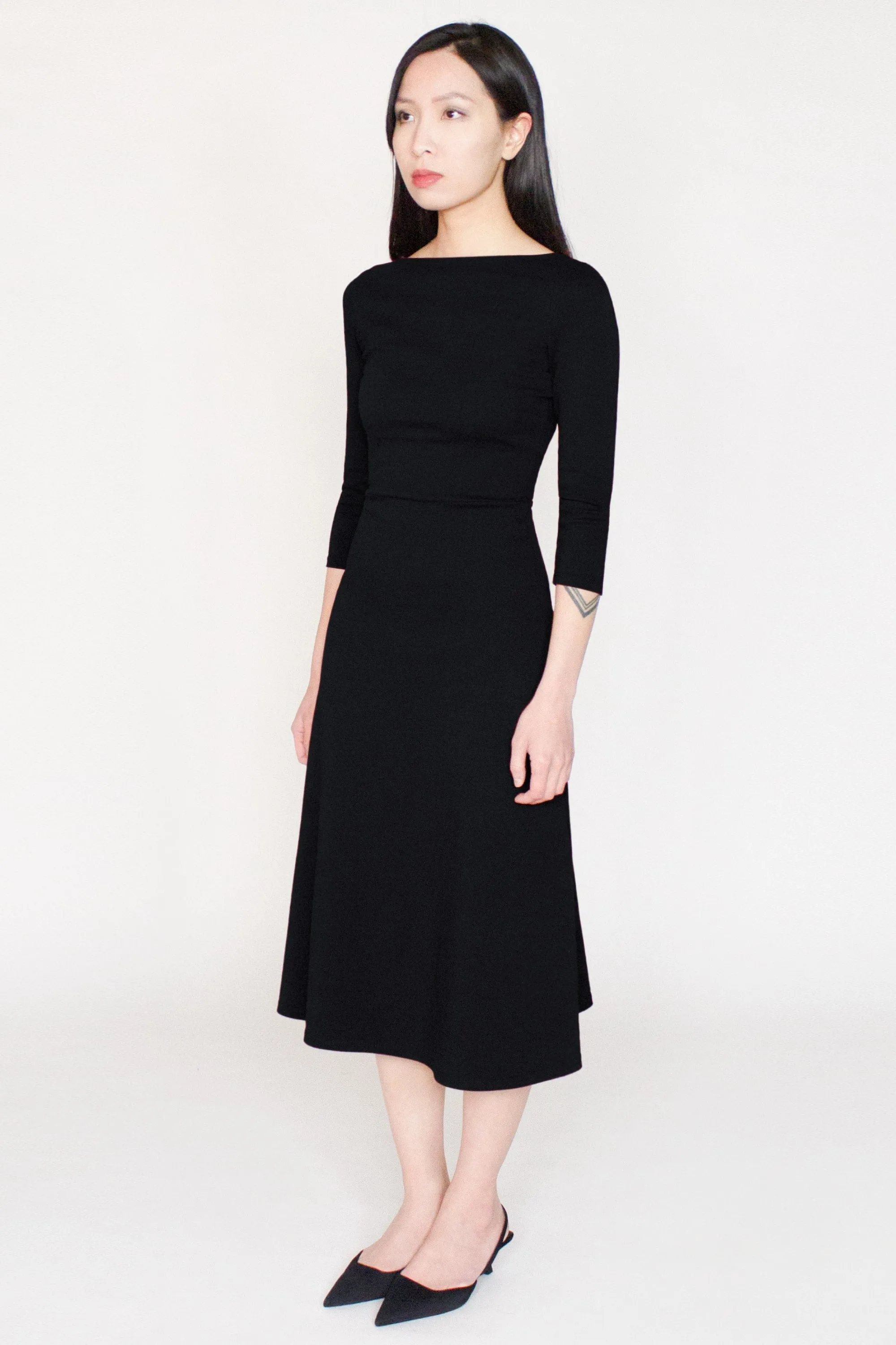 3/4 Sleeve BCI Cotton Boatneck Mid-calf Flared Dress -- Black