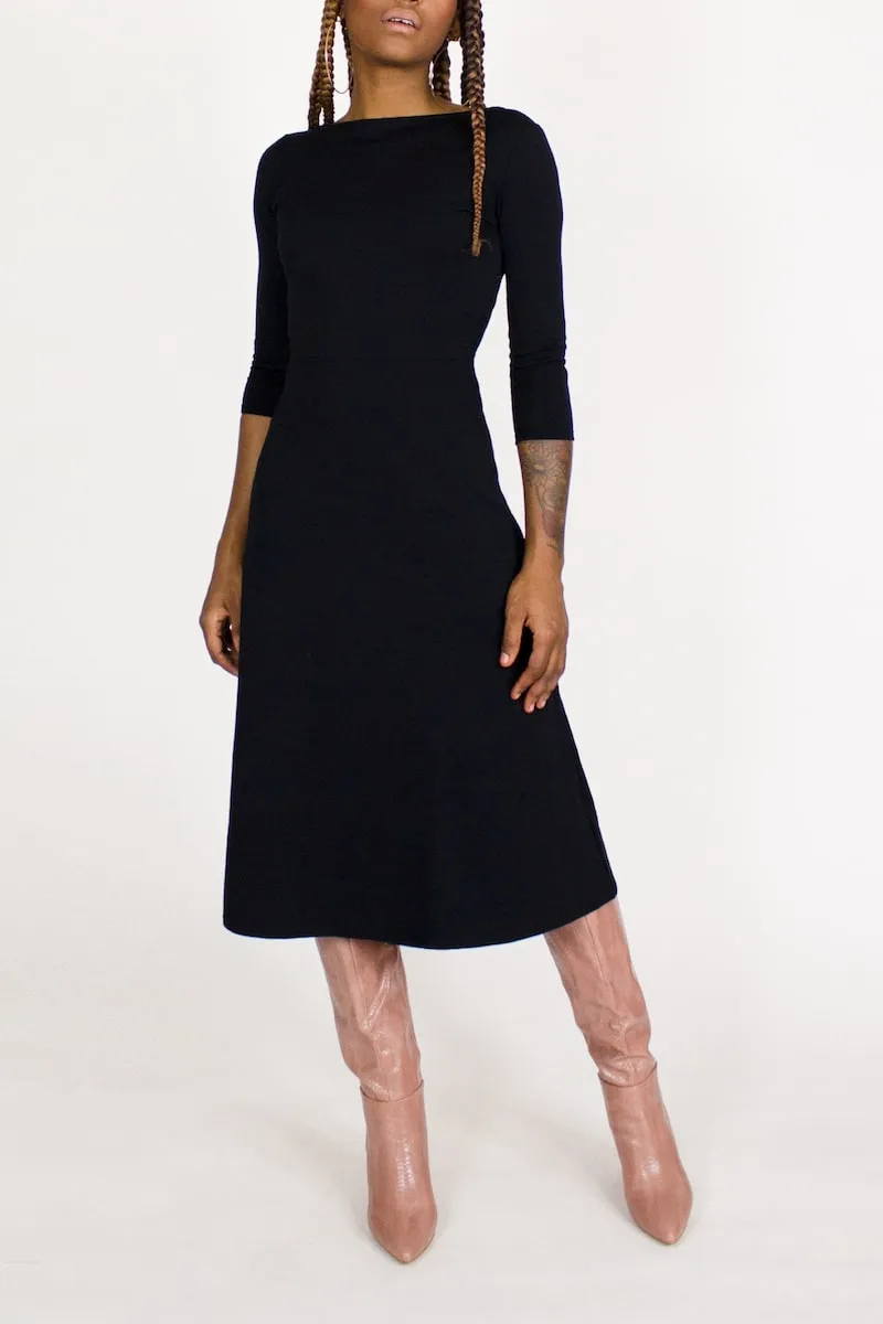 3/4 Sleeve BCI Cotton Boatneck Mid-calf Flared Dress -- Black