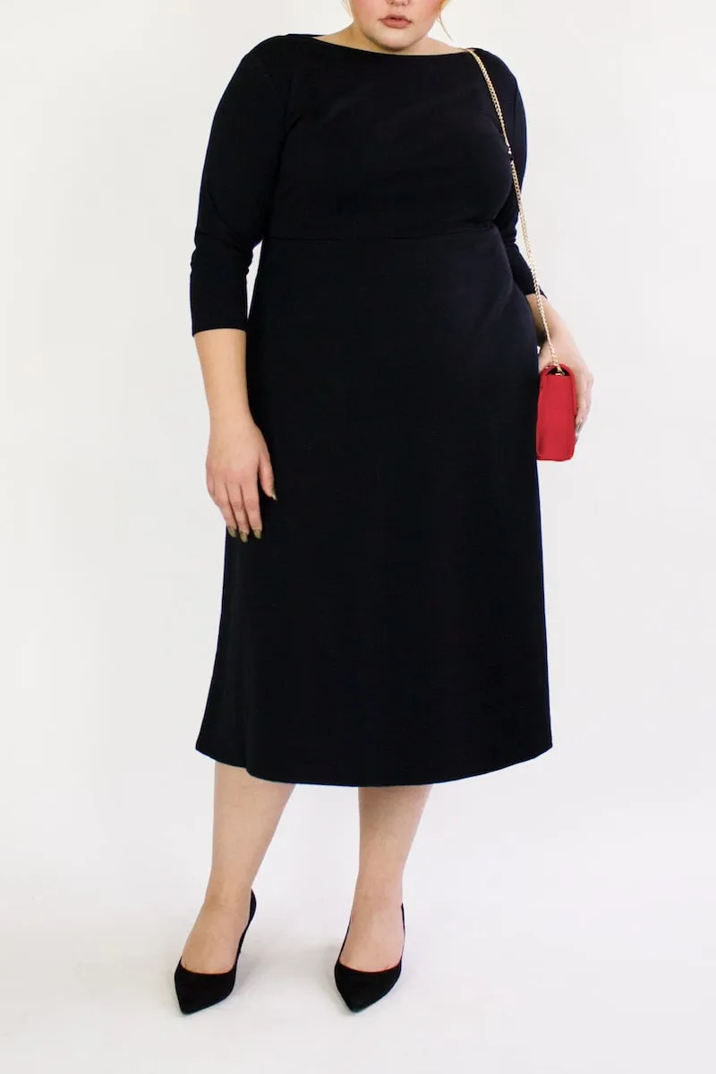 3/4 Sleeve BCI Cotton Boatneck Mid-calf Flared Dress -- Black