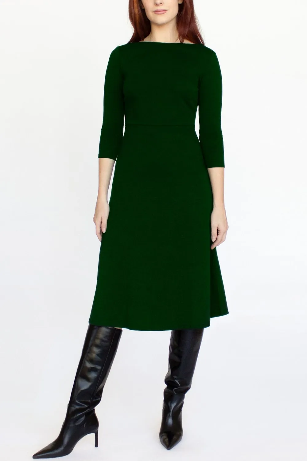 3/4 Sleeve BCI Cotton Boatneck Mid-calf Flared Dress -- Forest Green