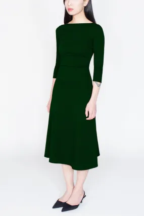 3/4 Sleeve BCI Cotton Boatneck Mid-calf Flared Dress -- Forest Green