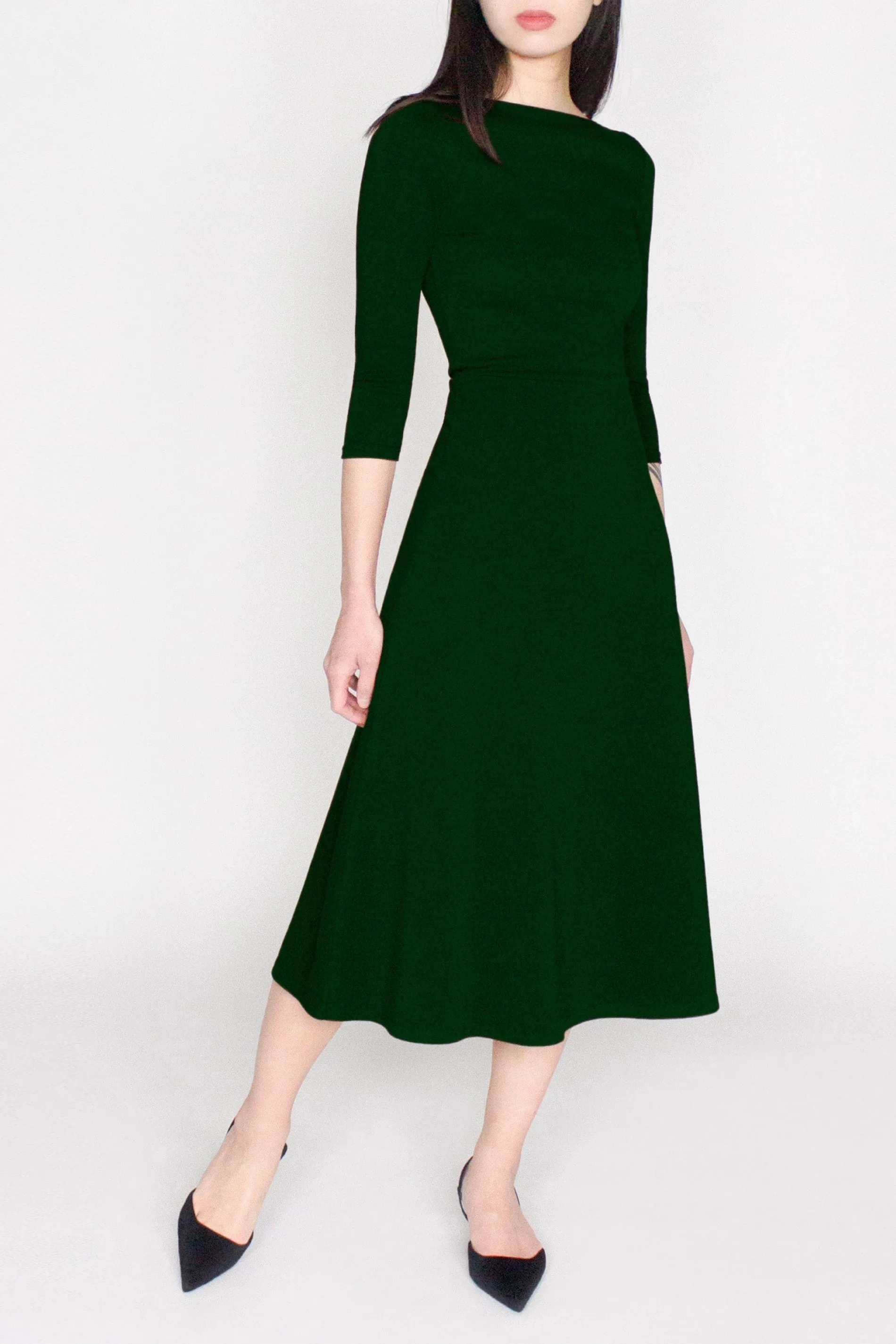 3/4 Sleeve BCI Cotton Boatneck Mid-calf Flared Dress -- Forest Green