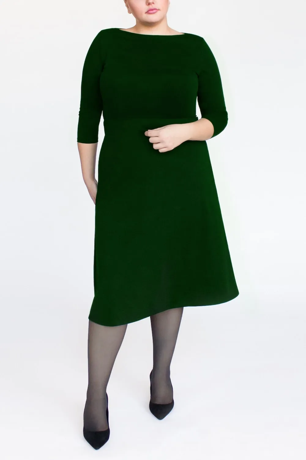 3/4 Sleeve BCI Cotton Boatneck Mid-calf Flared Dress -- Forest Green