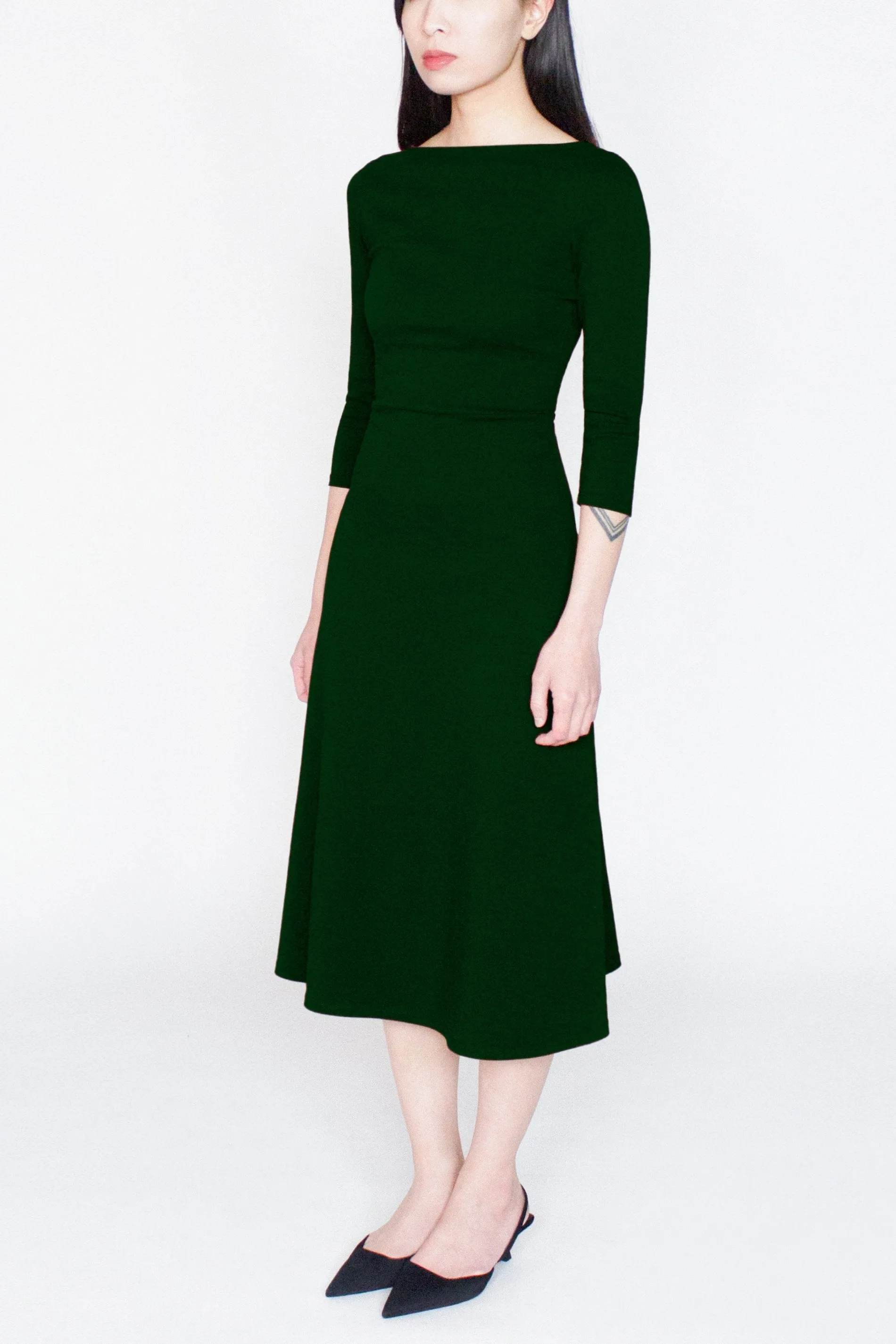 3/4 Sleeve BCI Cotton Boatneck Mid-calf Flared Dress -- Forest Green