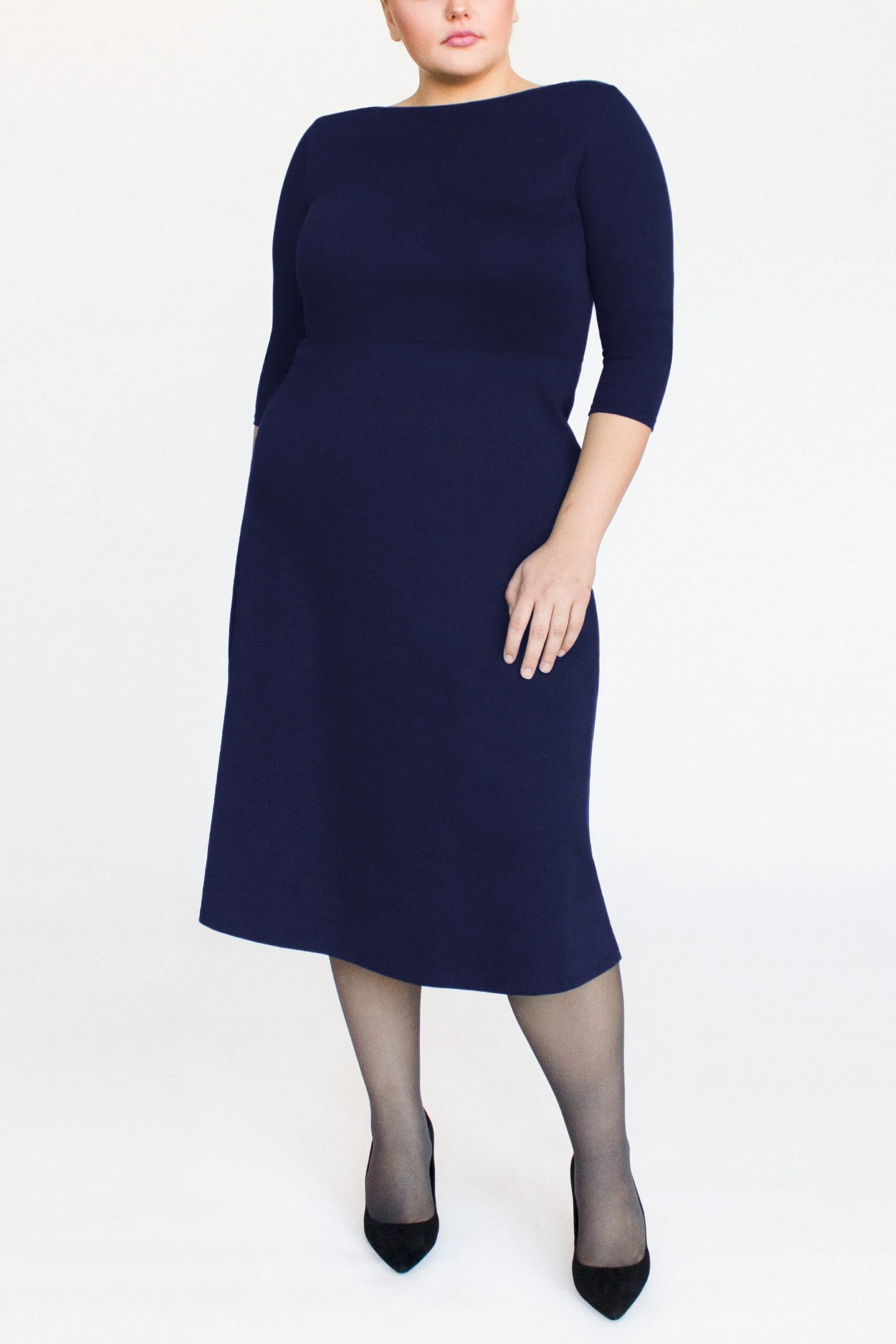 3/4 Sleeve BCI Cotton Boatneck Mid-calf Flared Dress -- Navy Blue