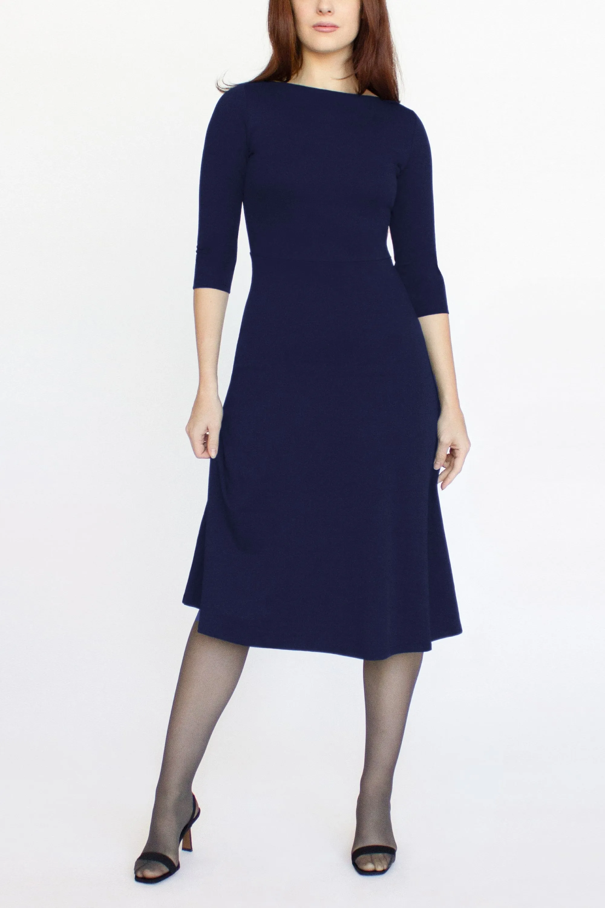 3/4 Sleeve BCI Cotton Boatneck Mid-calf Flared Dress -- Navy Blue