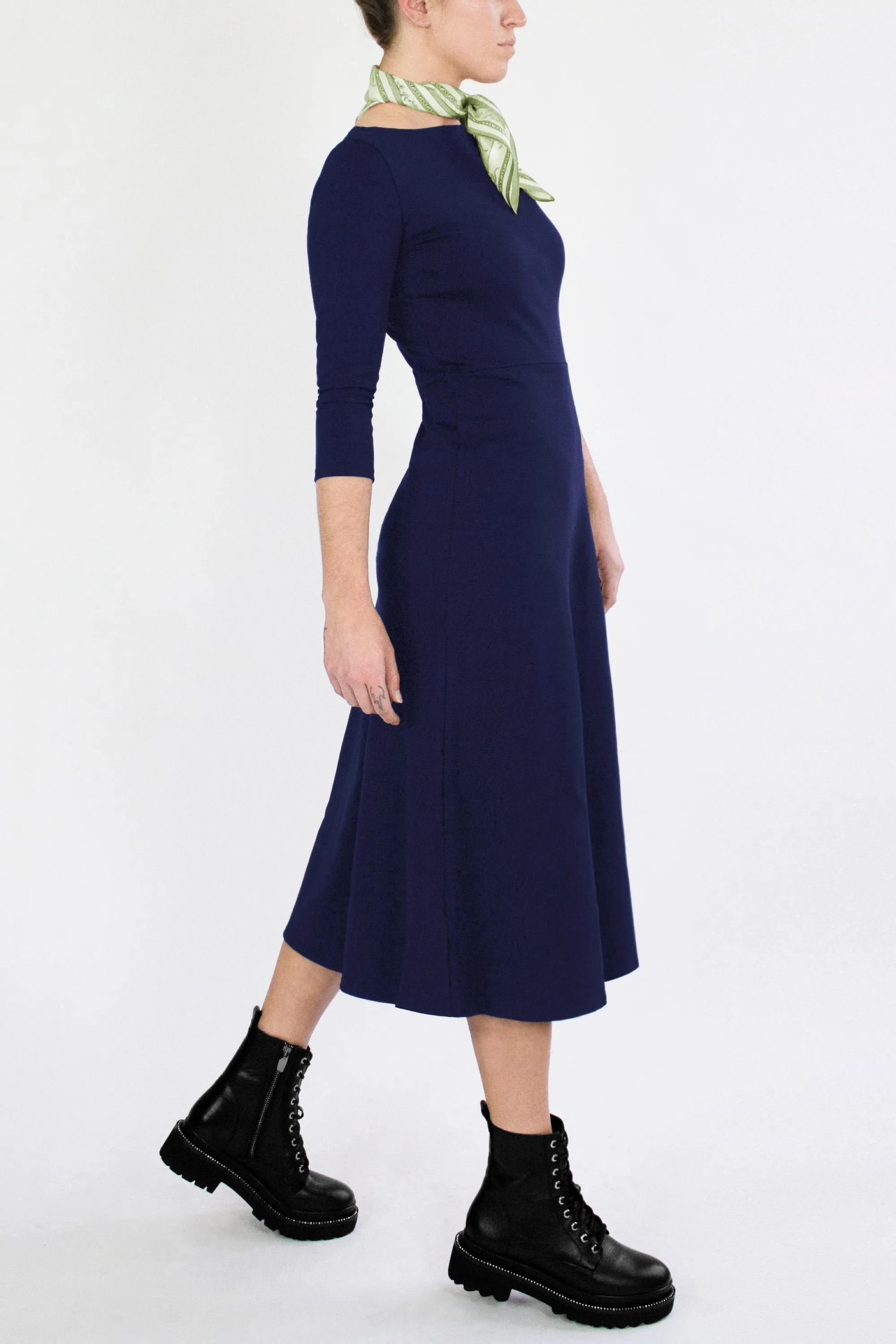 3/4 Sleeve BCI Cotton Boatneck Mid-calf Flared Dress -- Navy Blue