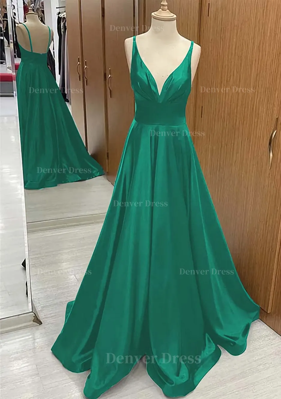 A-line V Neck Sweep Train Satin Prom Dress With Pleated