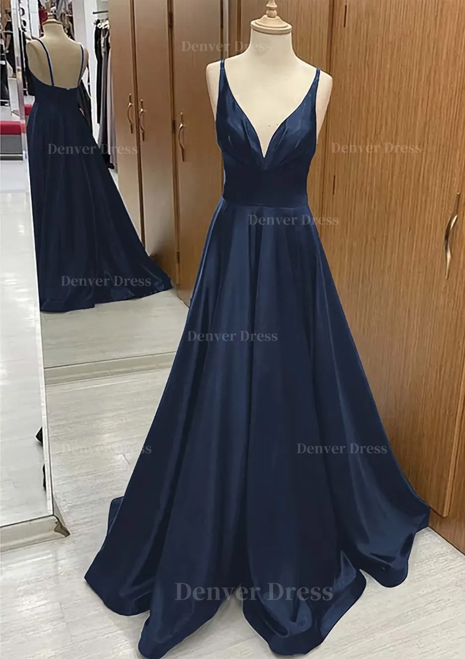 A-line V Neck Sweep Train Satin Prom Dress With Pleated