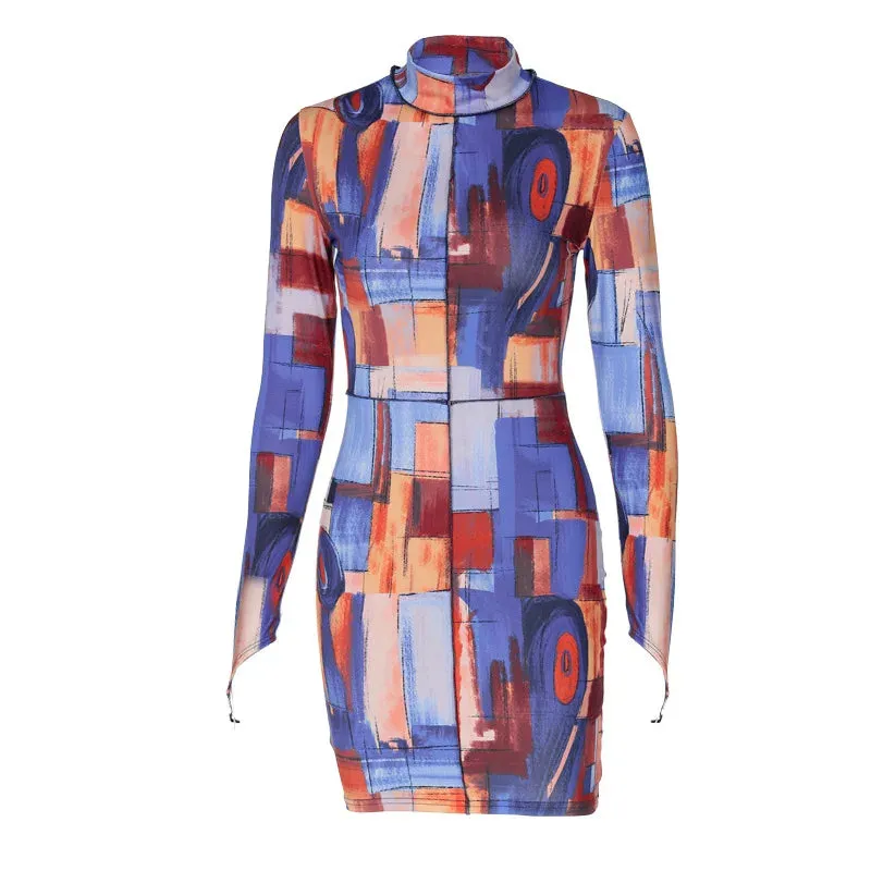 A&A Abstract High Neck Bodycon Print Long Sleeve Mini Dress