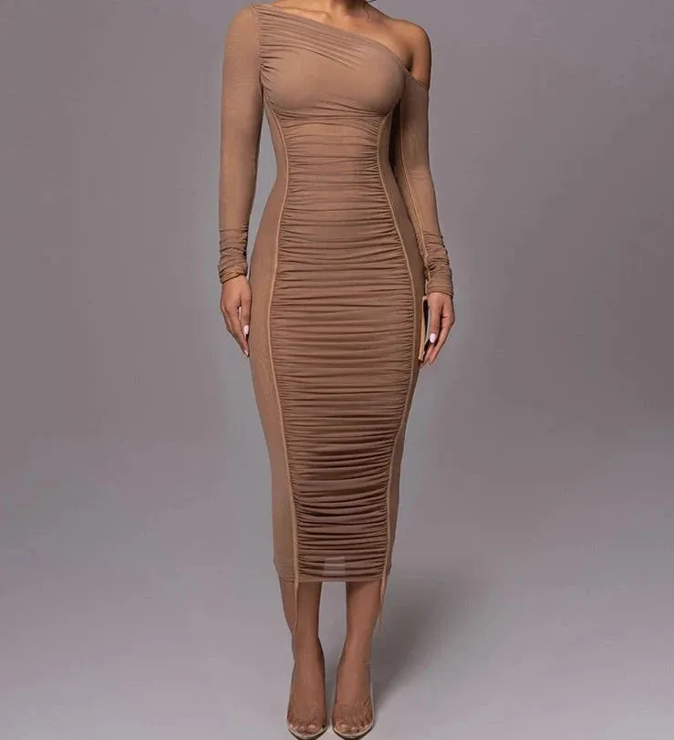 A&A One Shoulder Mesh Long Sleeve Ruched Midi Dress