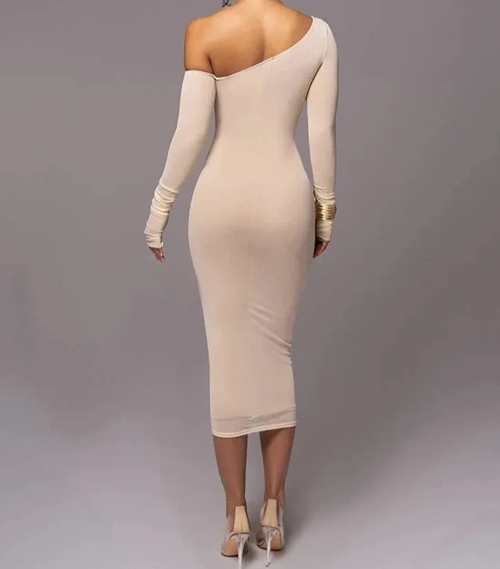 A&A One Shoulder Mesh Long Sleeve Ruched Midi Dress