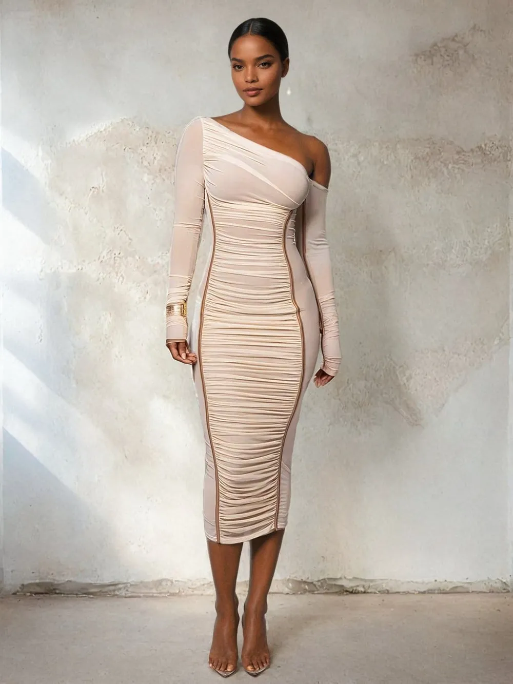 A&A One Shoulder Mesh Long Sleeve Ruched Midi Dress