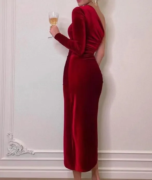 A&A One Shoulder Ruched Slit Velvet Midi Dress