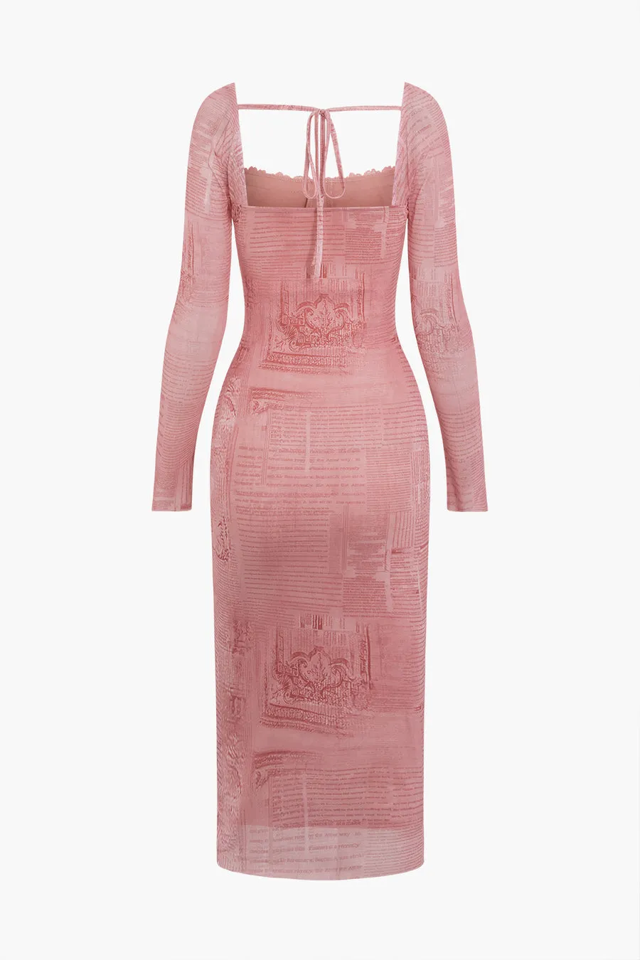 A&A Pink Newspaper Print Long Sleeve Tie Backless Midi Dress