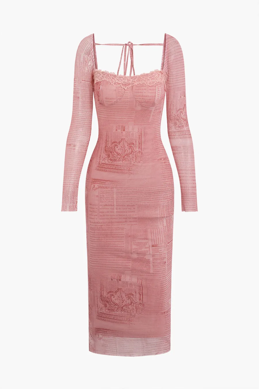 A&A Pink Newspaper Print Long Sleeve Tie Backless Midi Dress