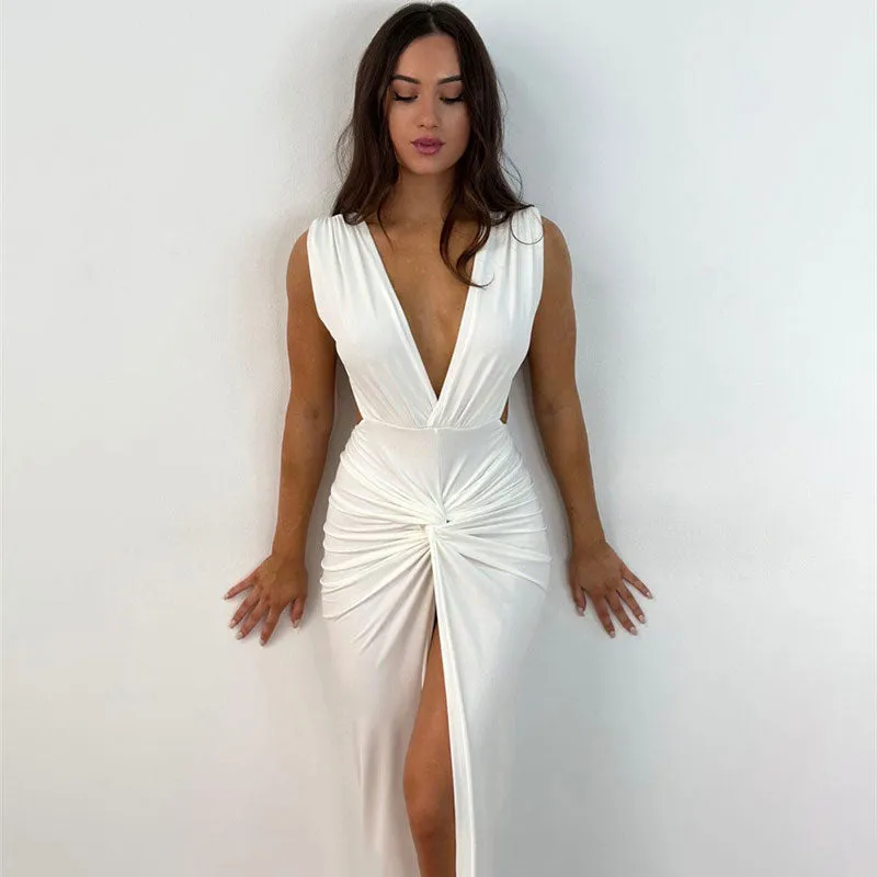 A&A Summer Ruched Backless V Slit Women Bodycon Maxi Dress