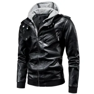 Advbridge Spring Casual Motor Hooded PU Leather Jackets Coat Men Autumn Outwear Fashion Punk Style Hat Leather Jacket Men