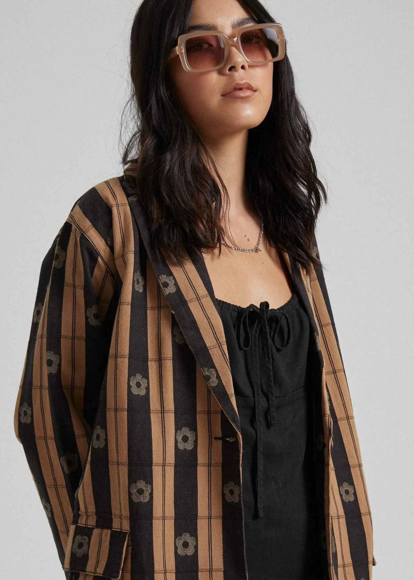 Afends Womens Poppy Check - Coat - Black & Tan