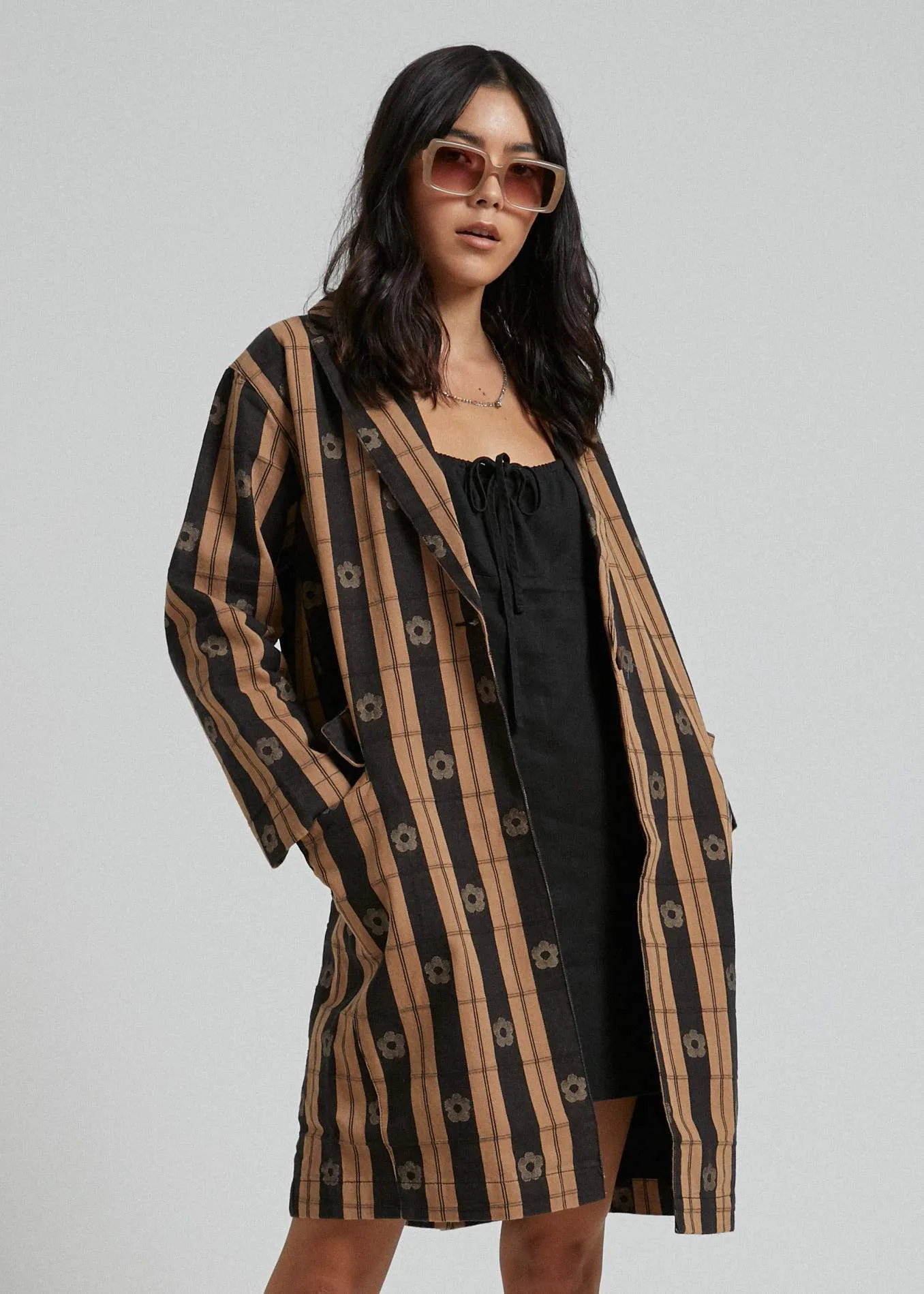 Afends Womens Poppy Check - Coat - Black & Tan