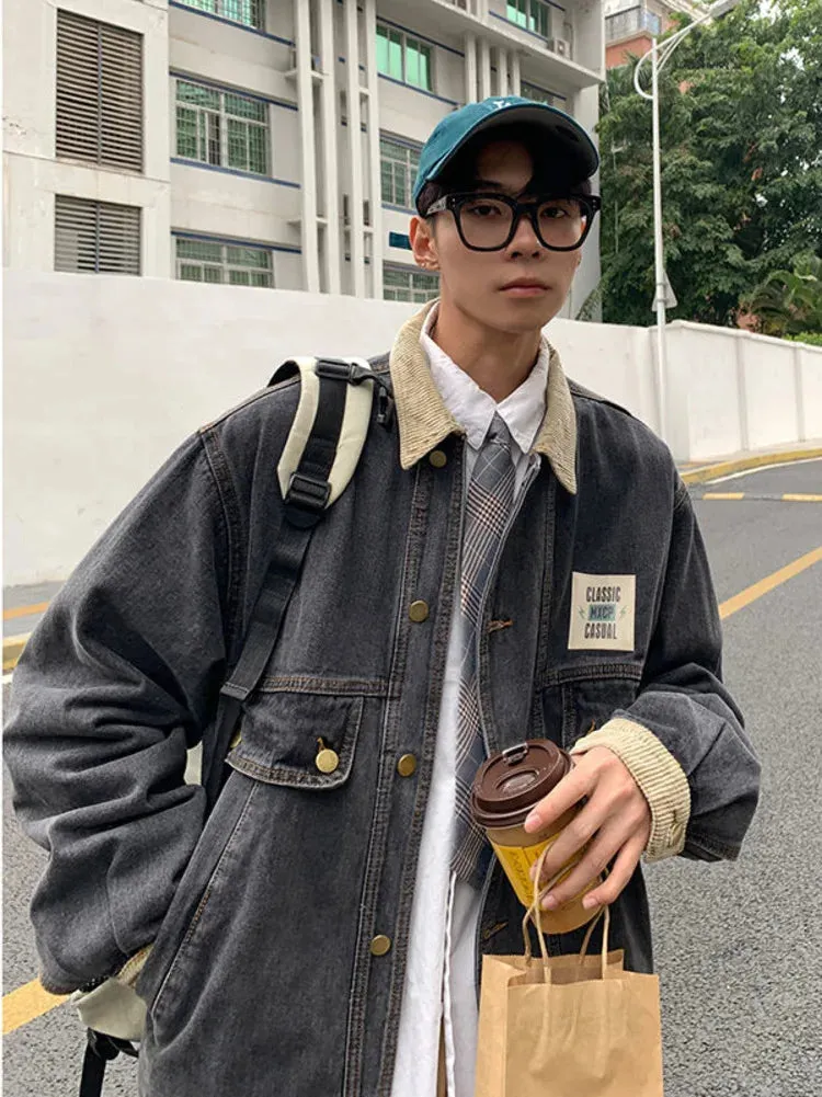 Aidase Japan Retro Lapel Denim Jacket Cityboys Punk Loose Jacket Autumn Hong Kong Style Hip Hop Handsome Stitching Jeans Coat