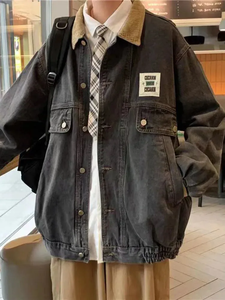 Aidase Japan Retro Lapel Denim Jacket Cityboys Punk Loose Jacket Autumn Hong Kong Style Hip Hop Handsome Stitching Jeans Coat