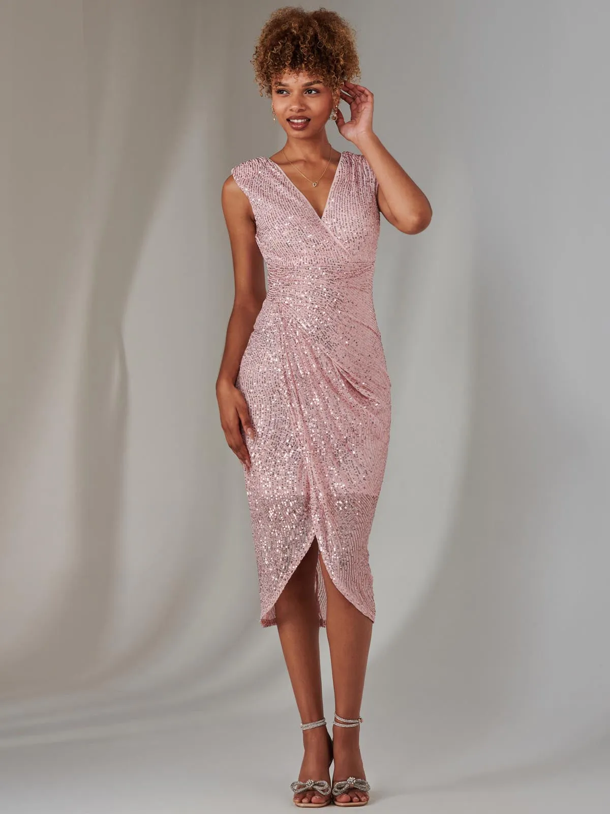 Aisla Ruched Sequin Bodycon Dress, Pink