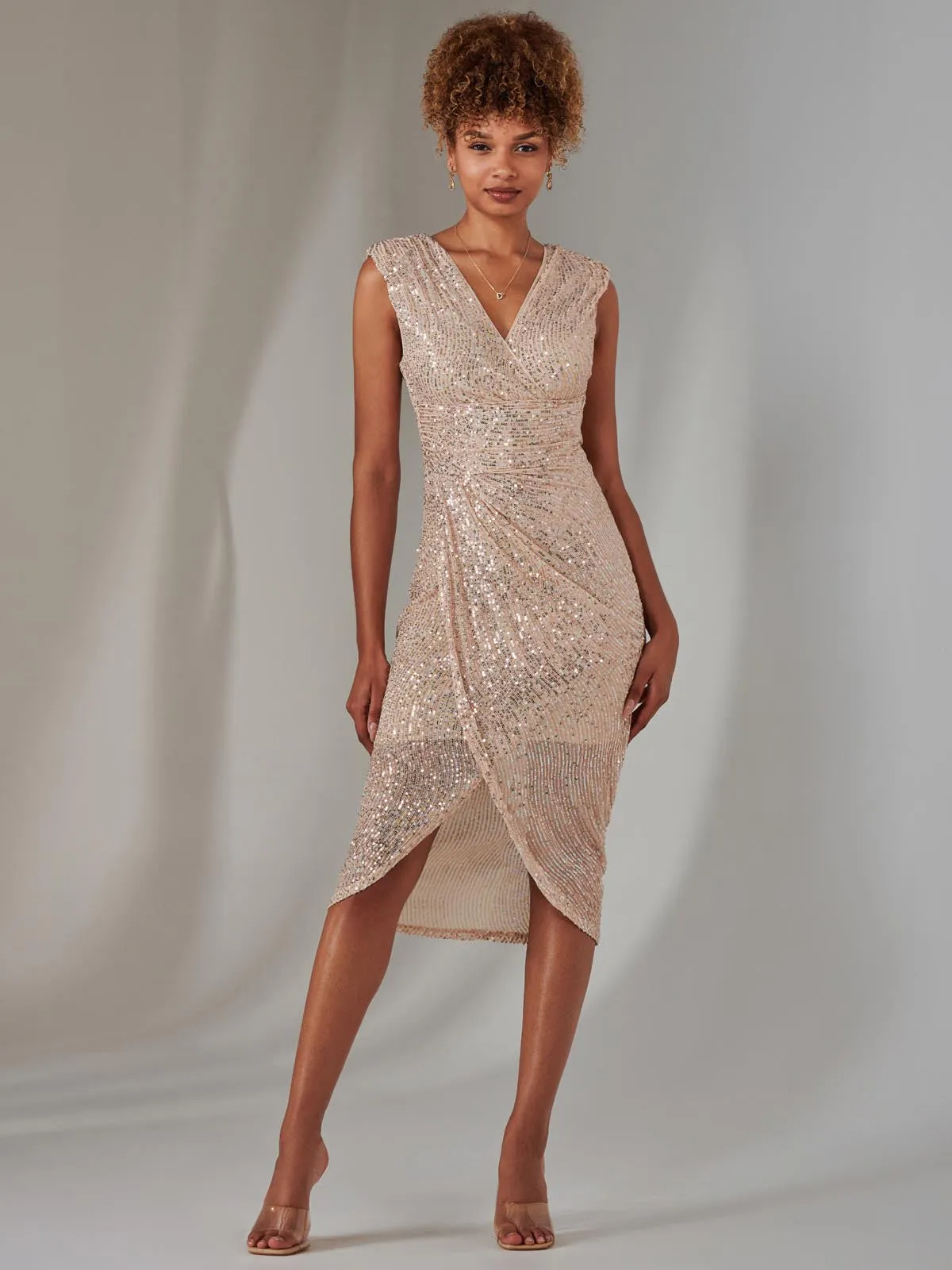 Aisla Ruched Sequin Bodycon Dress, Rose Gold