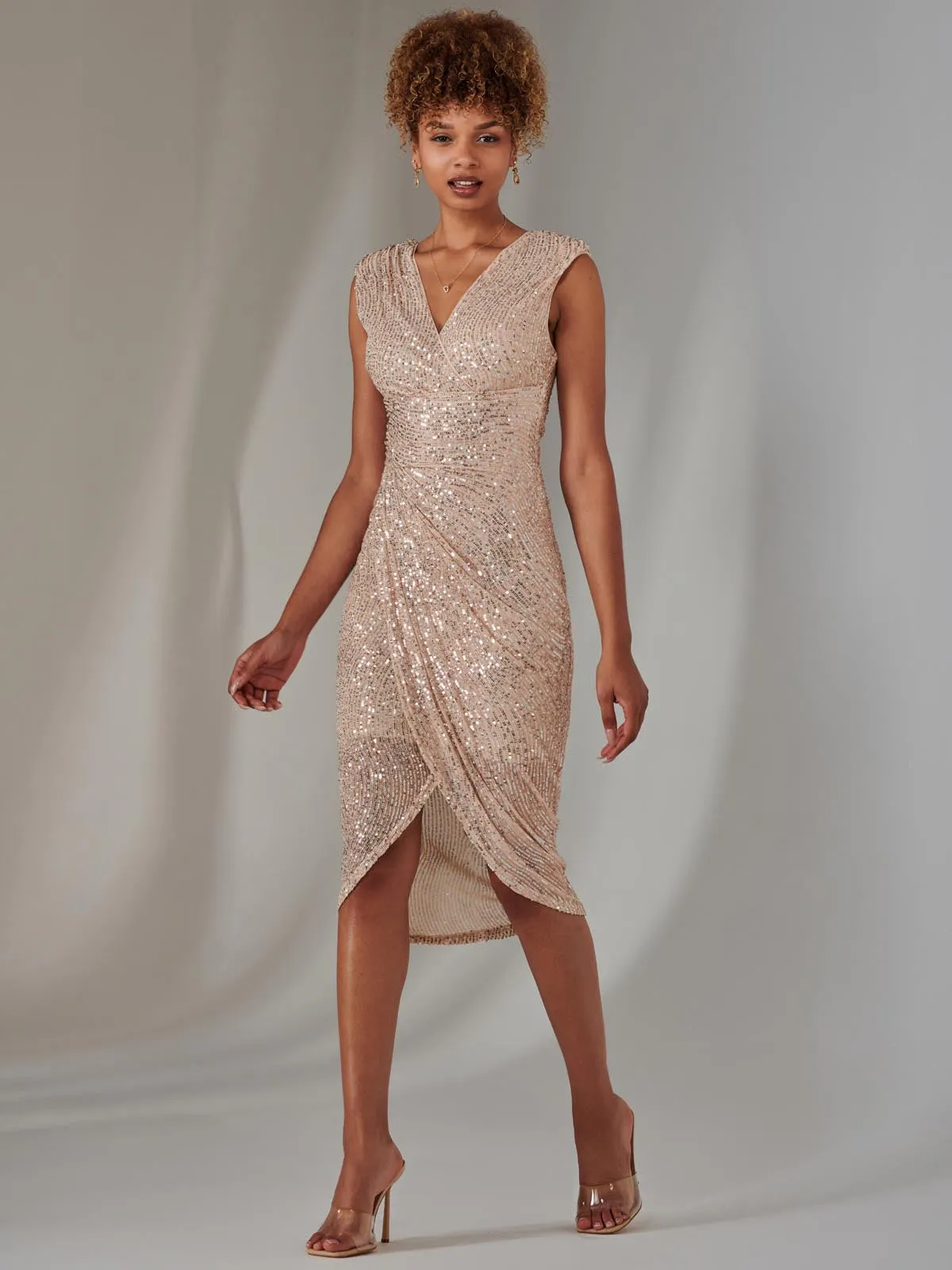 Aisla Ruched Sequin Bodycon Dress, Rose Gold