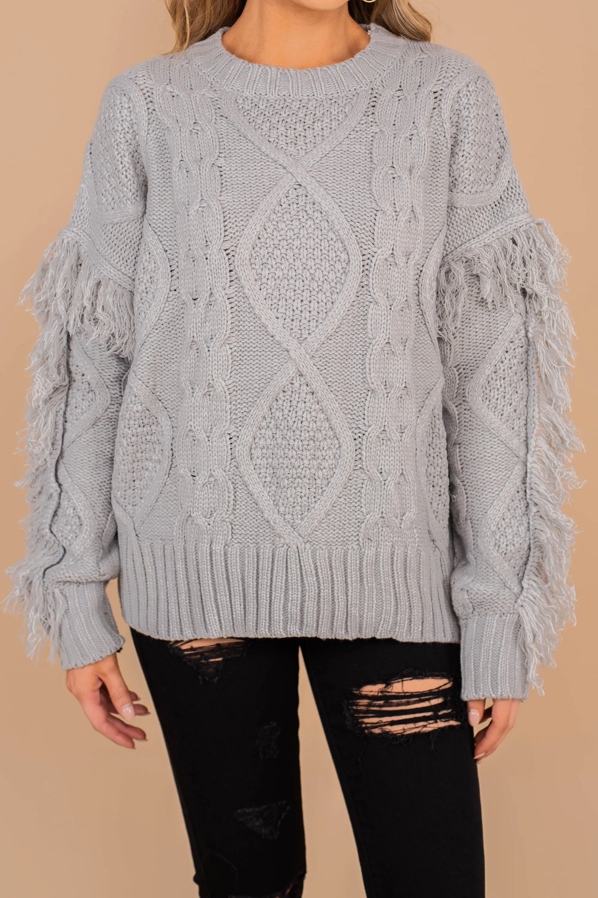 All Or Nothing Gray Fringe Sweater