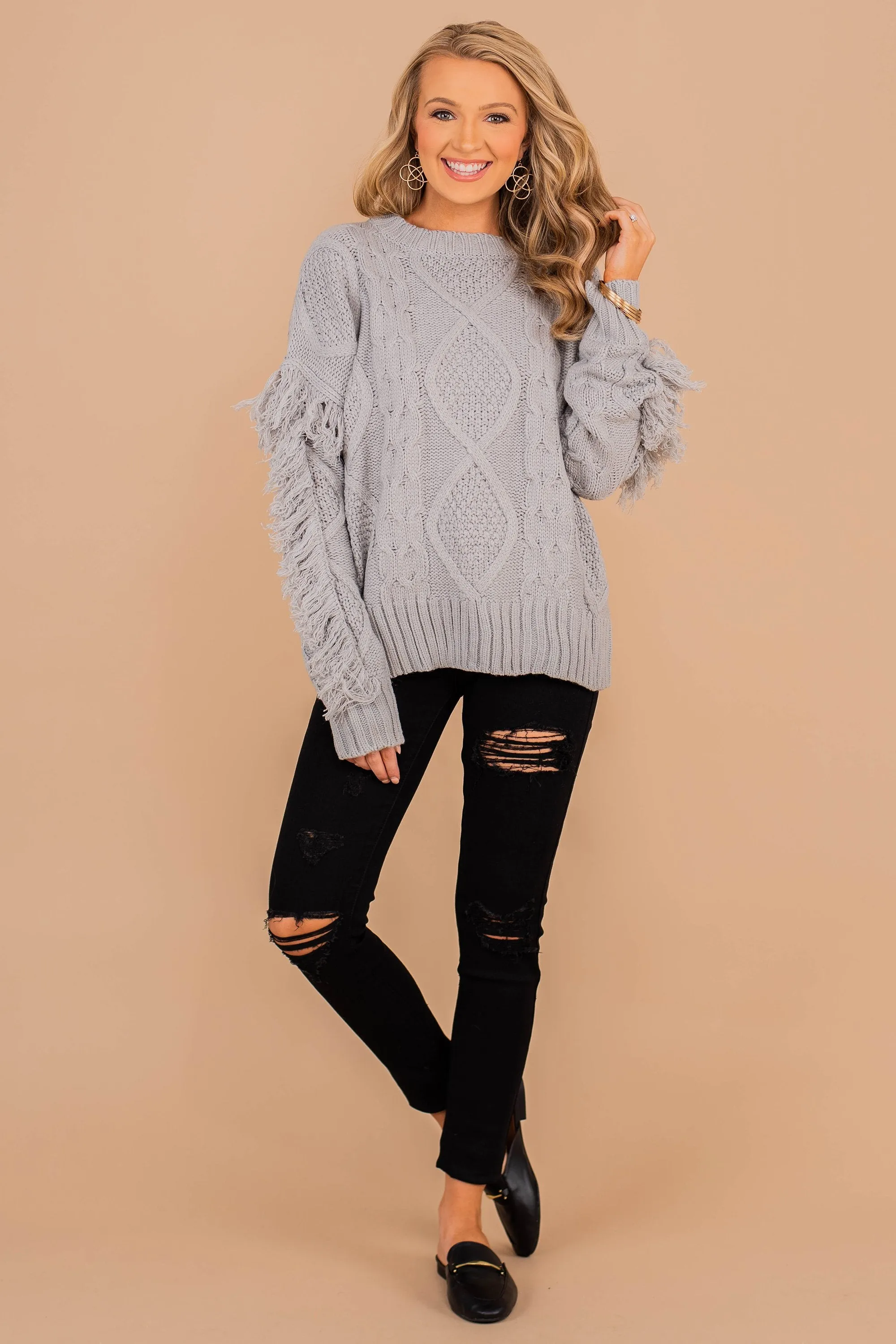 All Or Nothing Gray Fringe Sweater