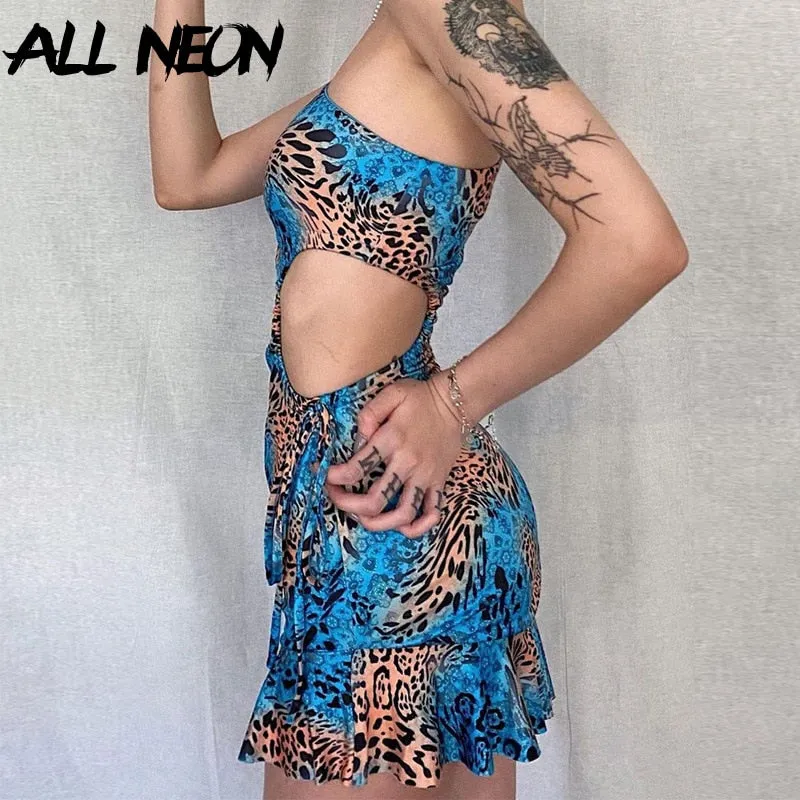 ALLNeon E-girl Vintage Camouflage One Shoulder Hollow Out Y2K Dress Rave Festival Bodycon Ruffles Hem Mini Dresses Party Outfit ALLNeon E-girl Vintage Camouflage One ALLNeon E-girl Vintage Camouflagee