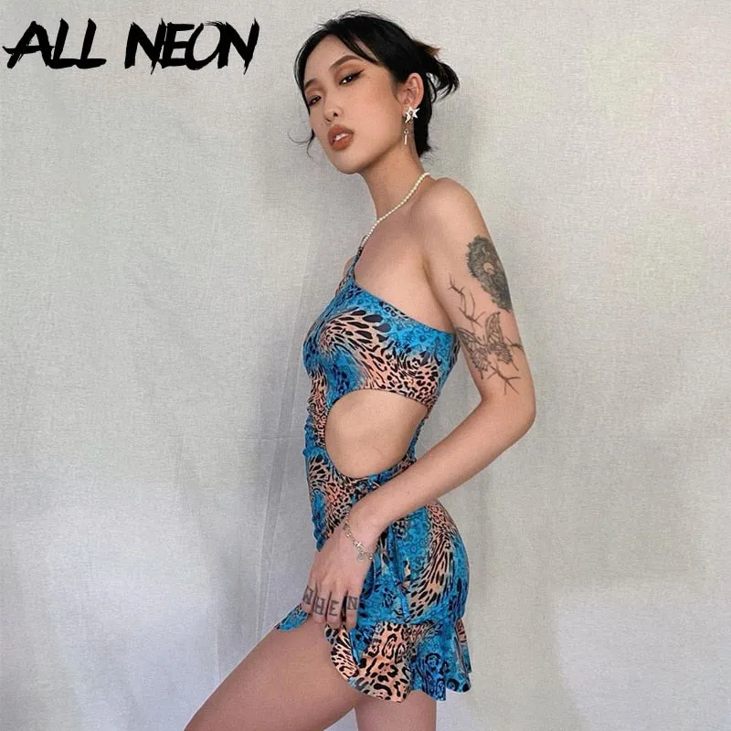 ALLNeon E-girl Vintage Camouflage One Shoulder Hollow Out Y2K Dress Rave Festival Bodycon Ruffles Hem Mini Dresses Party Outfit ALLNeon E-girl Vintage Camouflage One ALLNeon E-girl Vintage Camouflagee