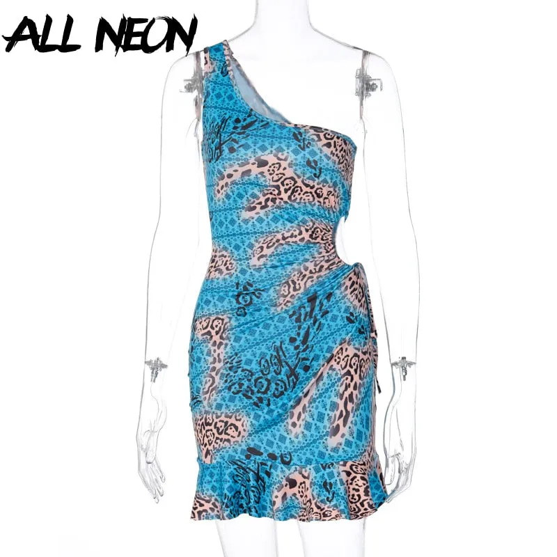 ALLNeon E-girl Vintage Camouflage One Shoulder Hollow Out Y2K Dress Rave Festival Bodycon Ruffles Hem Mini Dresses Party Outfit ALLNeon E-girl Vintage Camouflage One ALLNeon E-girl Vintage Camouflagee