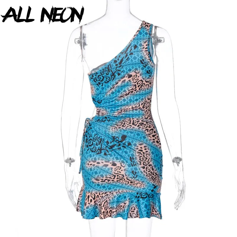 ALLNeon E-girl Vintage Camouflage One Shoulder Hollow Out Y2K Dress Rave Festival Bodycon Ruffles Hem Mini Dresses Party Outfit ALLNeon E-girl Vintage Camouflage One ALLNeon E-girl Vintage Camouflagee