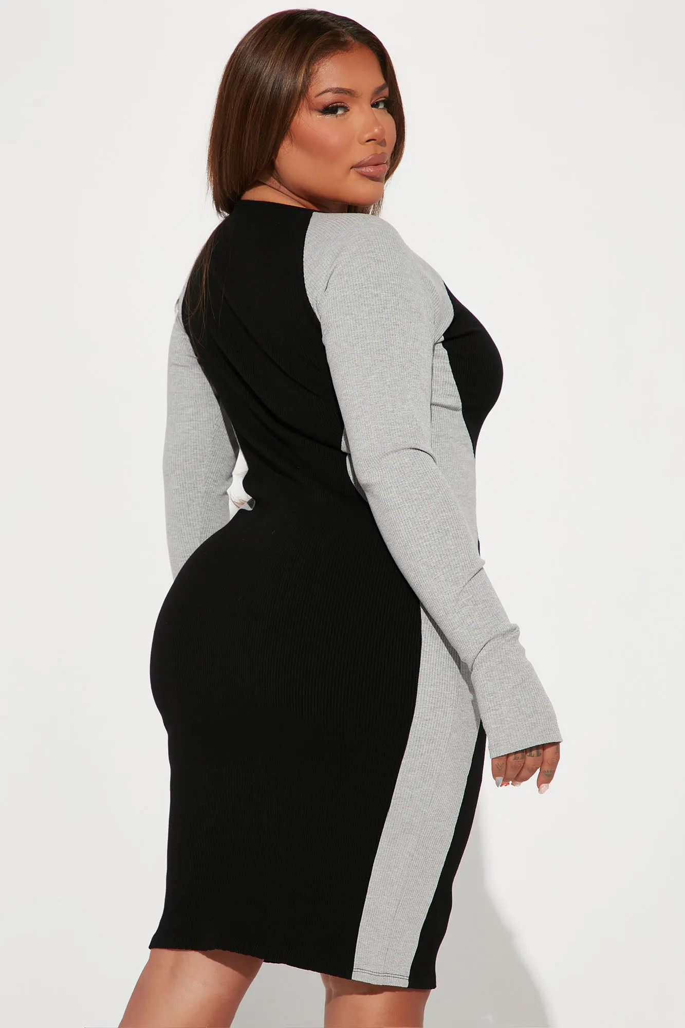 Amaya Snatched Long Sleeve Midi Dress - Black/combo