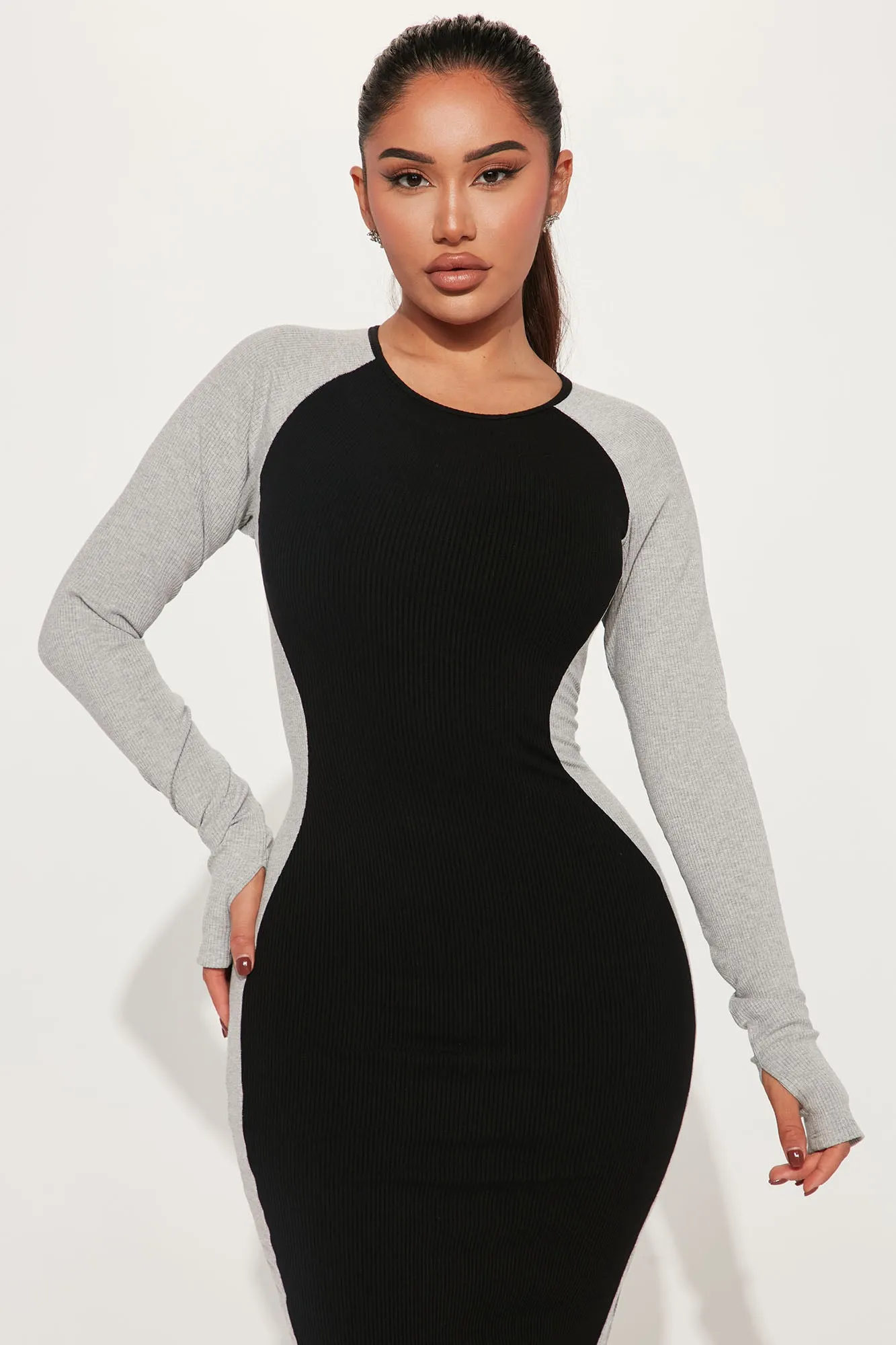 Amaya Snatched Long Sleeve Midi Dress - Black/combo