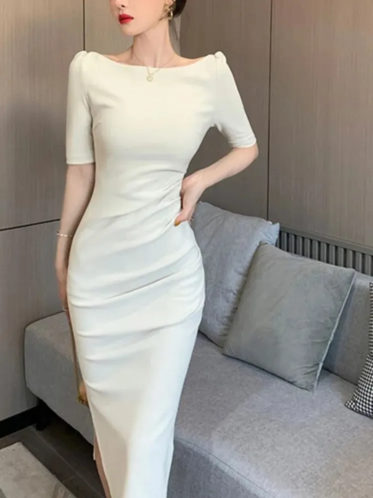 Amozae-2024 Summer New Elegant Midi Party Dress For Women Office Lady Solid One Piece Slim Bodycon Clothing Femme Fashion Vestidos