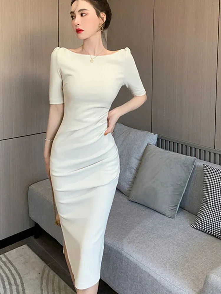 Amozae-2024 Summer New Elegant Midi Party Dress For Women Office Lady Solid One Piece Slim Bodycon Clothing Femme Fashion Vestidos