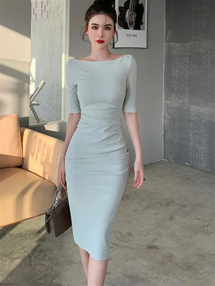 Amozae-2024 Summer New Elegant Midi Party Dress For Women Office Lady Solid One Piece Slim Bodycon Clothing Femme Fashion Vestidos