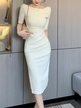 Amozae-2024 Summer New Elegant Midi Party Dress For Women Office Lady Solid One Piece Slim Bodycon Clothing Femme Fashion Vestidos