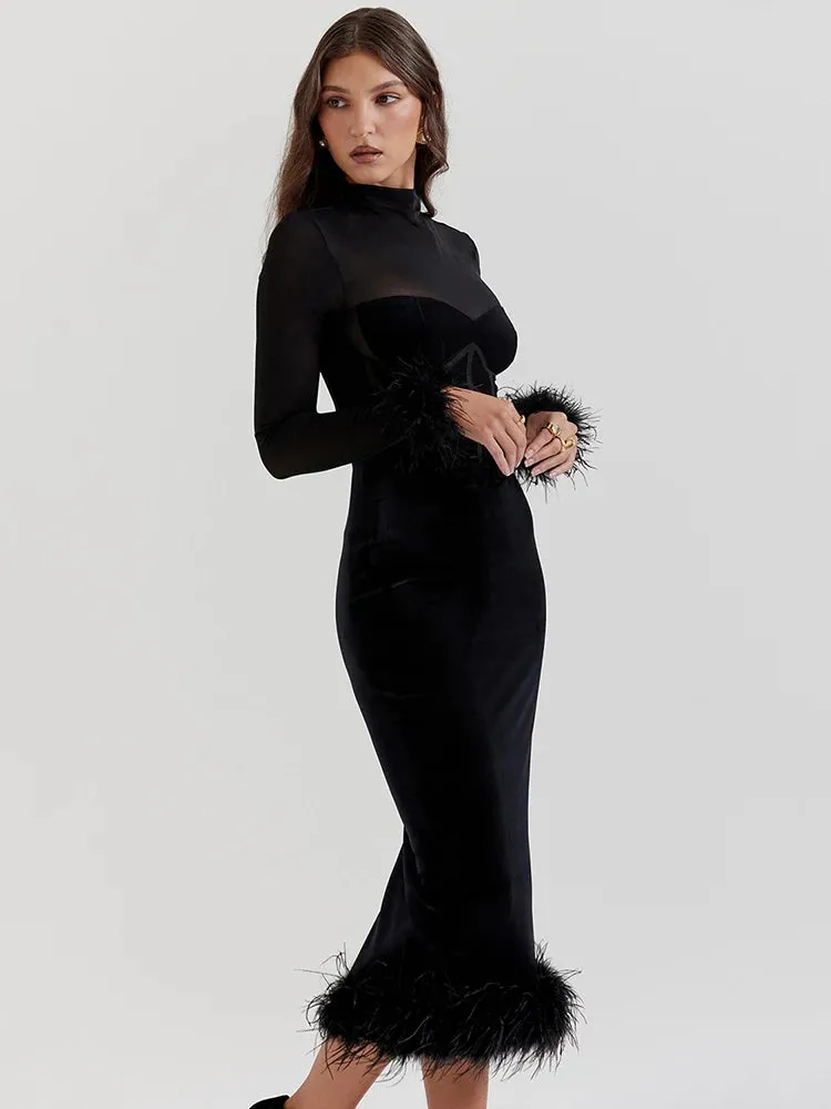 Amozae Elegant Feather Sexy Midi Dress For Women Black Fashion Sheer Long Sleeve Backless Bodycon Club Party Long Dress