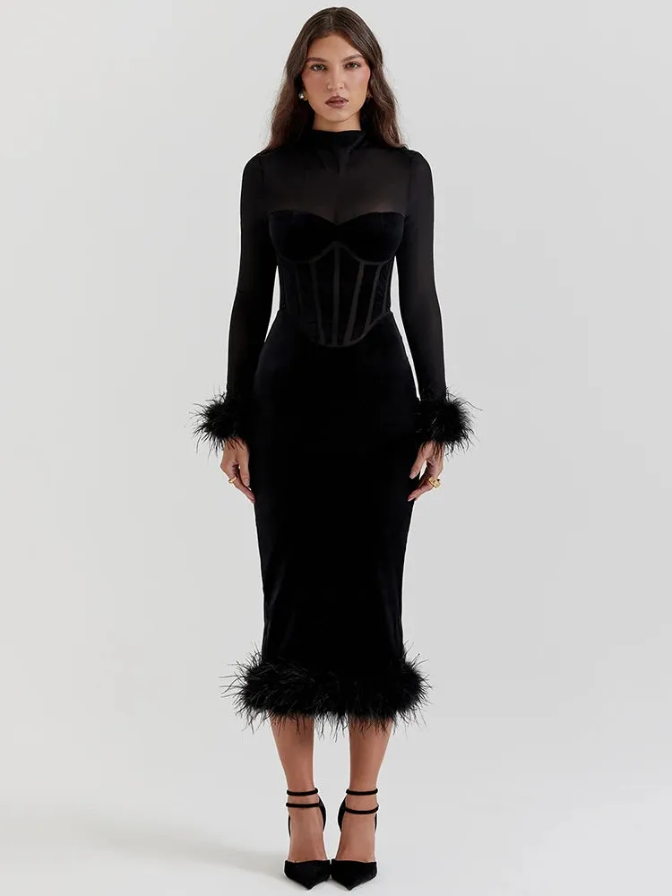 Amozae Elegant Feather Sexy Midi Dress For Women Black Fashion Sheer Long Sleeve Backless Bodycon Club Party Long Dress