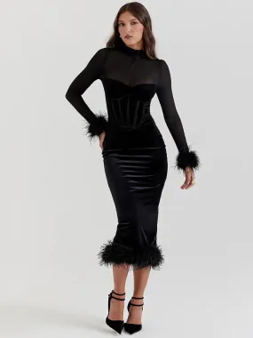 Amozae Elegant Feather Sexy Midi Dress For Women Black Fashion Sheer Long Sleeve Backless Bodycon Club Party Long Dress