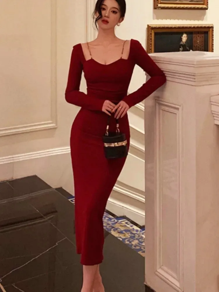 Amozae-Elegant Red Bodycon Midi Dresses for Women Chain Square Collar Long Sleeves Slim Autumn New Fashion Slit Party Dress Prom Robe