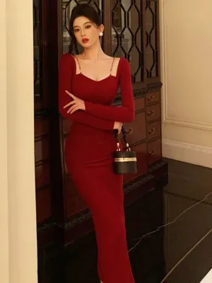 Amozae-Elegant Red Bodycon Midi Dresses for Women Chain Square Collar Long Sleeves Slim Autumn New Fashion Slit Party Dress Prom Robe