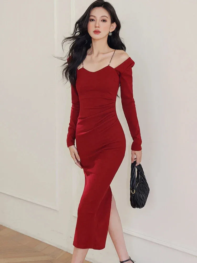 Amozae-Elegant Red Bodycon Midi Dresses for Women Chain Square Collar Long Sleeves Slim Autumn New Fashion Slit Party Dress Prom Robe