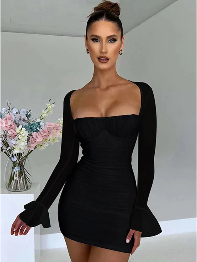 Amozae-hoco dresses -A Elegant Backless Sexy Mini Dress For Women Robe Two Layer Mesh Full Sleeve Zipper Bodycon Party Short Dress Vestido